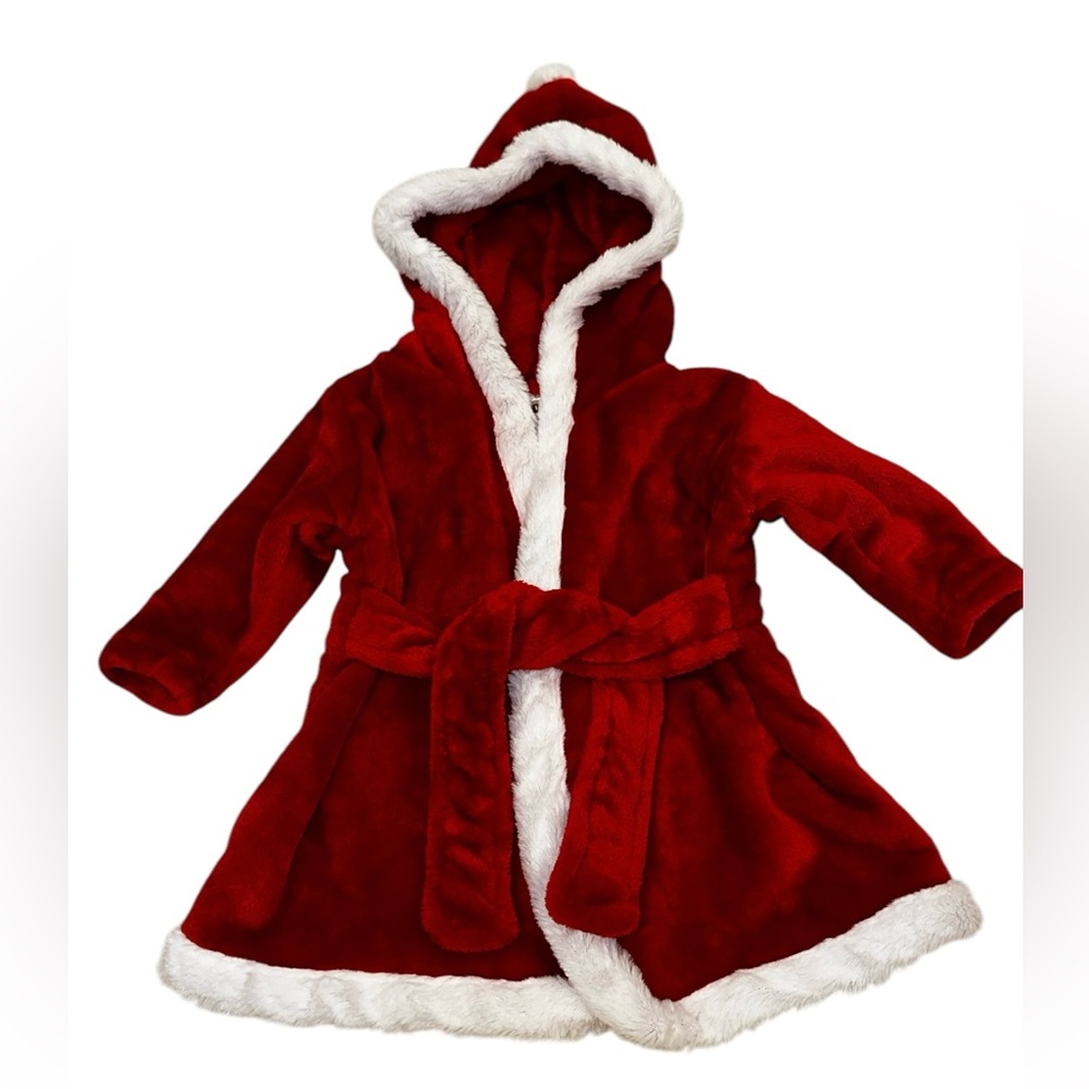 HB Santa Baby's Christmas Hooded Robe Plush‎ Red White Polyester 0-9 mths